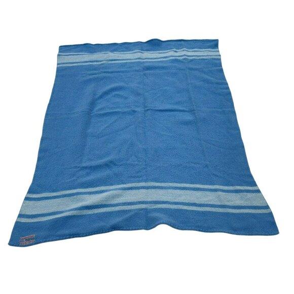 Vintage Canada Steamship Lines Murray Bay Homespun Blanket Blue Stripe 74 x 50